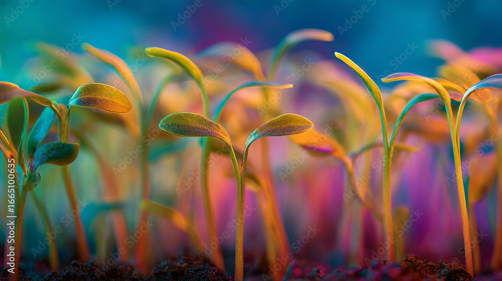 Poster close up of vibrant seedlings sprouting in soil with colorful lighting backdrop in soft focus view