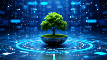 Vibrant green tree on futuristic blue digital platform nature technology