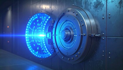 A futuristic open vault door with a glowing blue digital interface, symbolizing secure data, financial protection, and advanced cyber security.