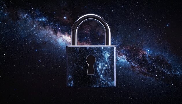 A conceptual image of a padlock set against a vibrant galaxy background, symbolizing global data security, digital protection, and the vastness of online information.