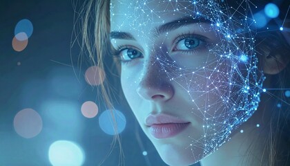 Close-up of a woman's face with a glowing digital network overlay, symbolizing artificial intelligence, data, and human-technology connection in a futuristic concept.