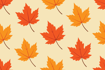 Seamless Autumn Pattern Orange and Yellow Maple Leaves on Cream Background Illustration