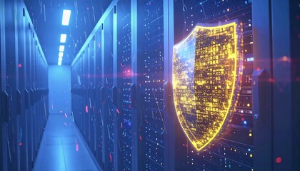 A glowing digital shield protecting a modern server room, symbolizing robust cybersecurity, data protection, and network security in a high-tech computing environment.