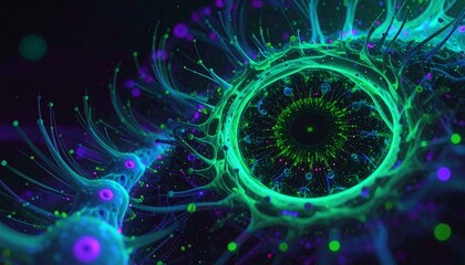 Obraz premium Vibrant abstract illustration of a complex biological or technological network with glowing neon green and purple elements against a dark background, evoking innovation.