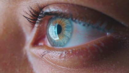 Close-up of a human eye reflecting digital data, representing concepts like technology, data processing, artificial intelligence, and futuristic vision.