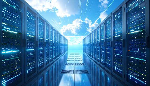 Futuristic data center hallway with rows of server racks under a bright sky, symbolizing seamless cloud computing and global connectivity.