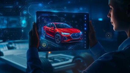 Engineer Designing and Analyzing Digital Car Model on Tablet in Automotive Development and Innovation - Powered by Adobe