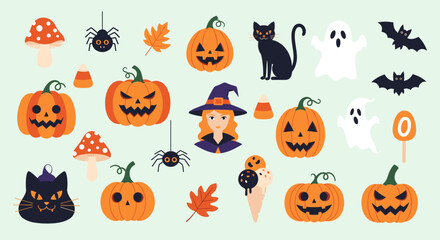 Spooky and festive halloween icons featuring pumpkins ghosts spiders witch hats and bats for holiday decorations and designs