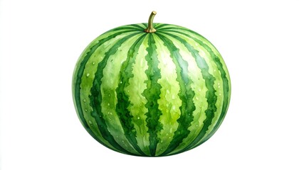 Watercolor Watermelon: Vibrant Green Stripes and Delicate Details on White Background