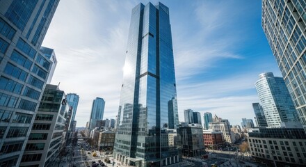Fototapeta premium Modern skyscraper towering in the city of Warsaw, Poland