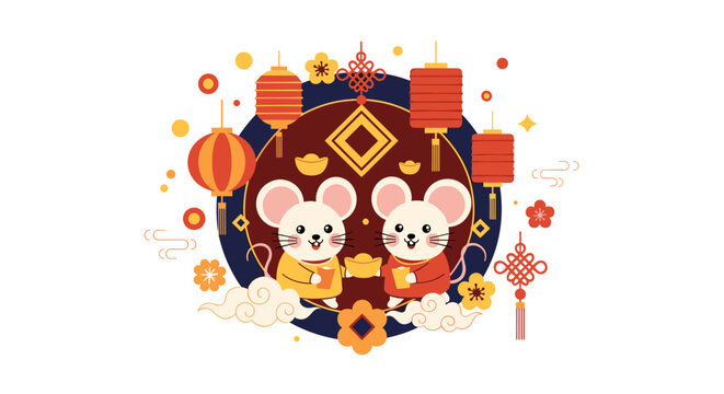 Celebrate chinese new year with adorable mice holding golden ingots and festive lanterns under auspicious decorations