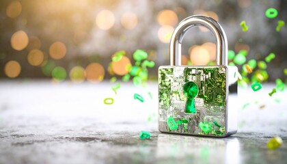 Conceptual image of a padlock with circuit board design, green keyhole, and floating binary code, symbolizing digital security, data protection, and cybersecurity in a modern digital environment.