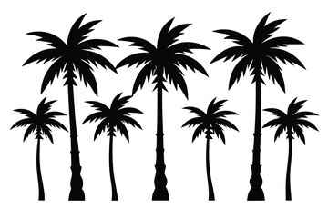 Seven Black Silhouette Palm Trees of Various Heights on a White Background