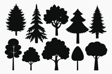 Set of Black Silhouetted Trees Various Deciduous and Evergreen Trees Isolated on White Background