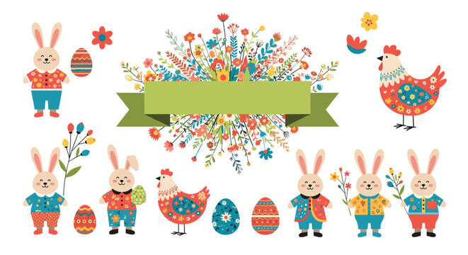 Charming easter celebration with cute bunnies chickens and festive eggs a whimsical spring holiday gathering
