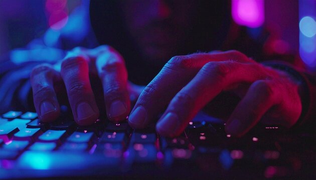 Close-up of hands typing on a backlit computer keyboard under vibrant blue and pink neon lights, conveying digital activity, technology, or a gaming atmosphere.
