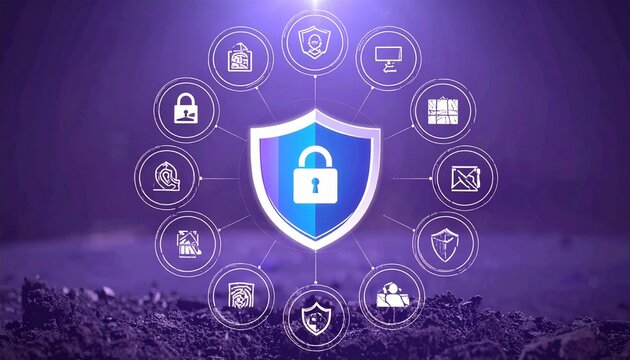 Digital shield with a padlock icon at its center, surrounded by interconnected cybersecurity symbols, illustrating global data protection, network security, and online privacy concepts.