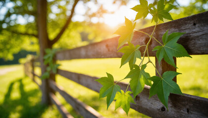 Vibrant green leaves climbing on wooden fence in sunlit meadow