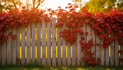 Obraz premium Wooden fence covered with red foliage in warm evening light 