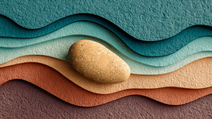 Abstract layered paper with a smooth pebble on textured surface in calming earth tones
