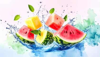 Watermelon Splash: Vibrant Cubes and Slices with Mint in Dynamic Water Burst