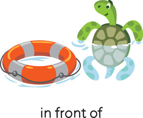 Preposition of place. Turtle IN FRONT OF the lifebuoy