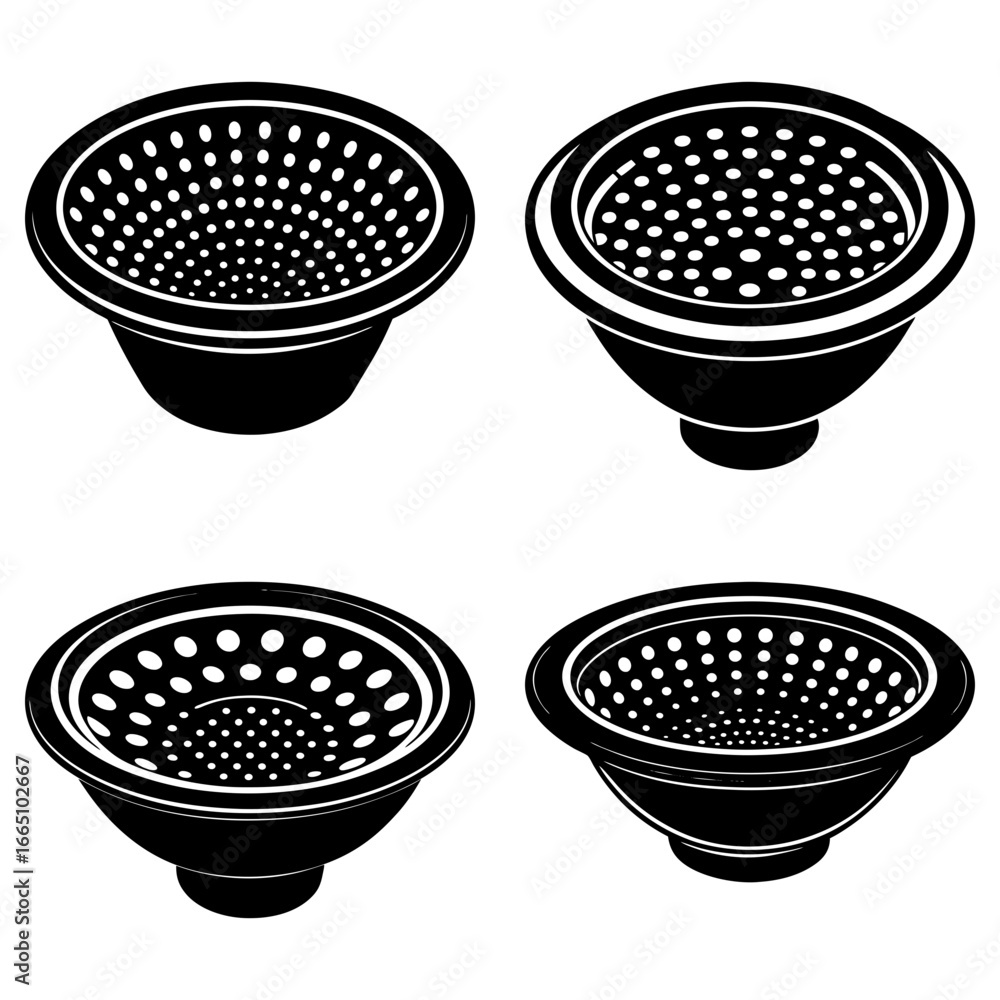 Poster four black and white colanders with circular holes arranged in a symmetrical pattern on a white back