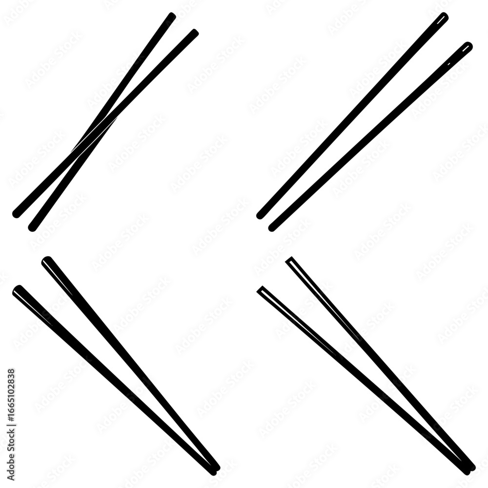 Poster four sets of black and white chopsticks in various arrangements on a plain white background view fro