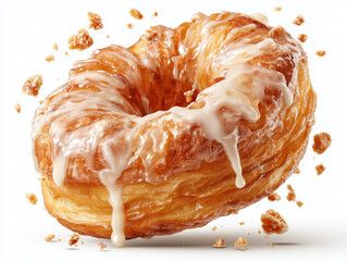 Glazed cronut (croissant donut), flaky buttery layers with glossy glaze dripping, crumbs mid-air, isolated on pure white background