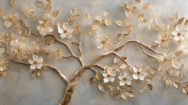 Elegant golden tree branches adorned with delicate white flowers and shimmering leaves create a luxurious and sophisticated floral design, perfect for adding a touch of nature.