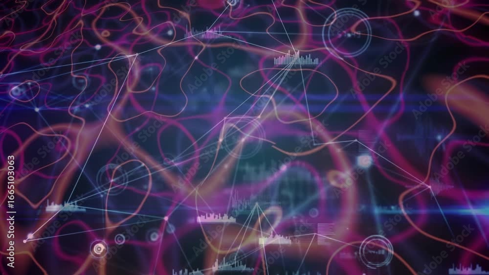 Aufkleber on starting glowing waves swirling on dark field while white nodes linking to data mapping charts
