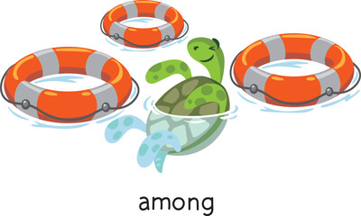 Preposition of place. Turtle AMONG the lifebuoys