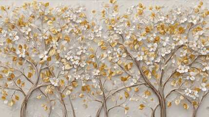 Elegant floral trees with white blossoms and golden leaves create a serene and sophisticated botanical design, perfect for adding a touch of nature and luxury to any space.