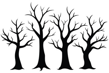 Obraz premium Silhouette of Four Bare Trees with Twisting Branches and Thick Trunks on White Background