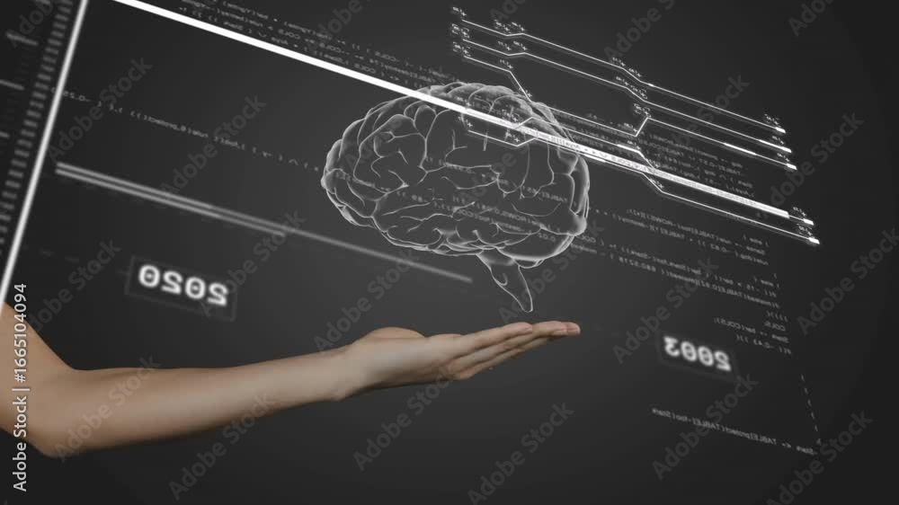 Poster outstretched forearm cradling node triggers wireframe brain rotating to show data links on timeline