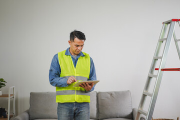 Construction worker in bright safety vest using tablet for project management in modern interior...