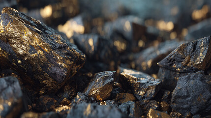 Fototapeta premium A close up shot of shiny black coal pieces with golden reflections in a dark and moody setting