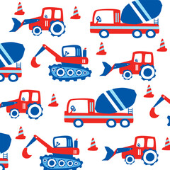 contraction cars and cement mixer trucks seamless vector cartoon design for kids apparel fullprint colorfull fabric
