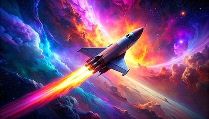 Fototapeta premium Rocket ship soaring through vibrant nebula