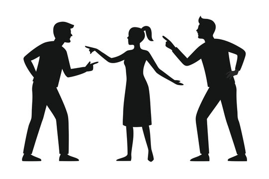 Silhouette of Two Men and One Woman Arguing and Pointing Fingers at Each Other