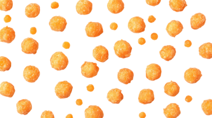 Crispy cheese puffs scattered on transparent background