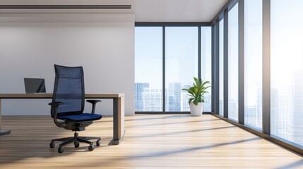 Fototapeta premium Modern office interior with a sleek desk, ergonomic chair, and large windows showcasing a cityscape