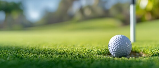 The golf ball resting on a sunlit putting green beside the flagstick and cup