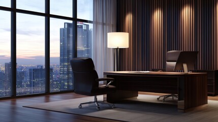 Fototapeta premium Modern office interior with a sleek desk, leather chair, and city skyline at dusk, showcasing tranquility