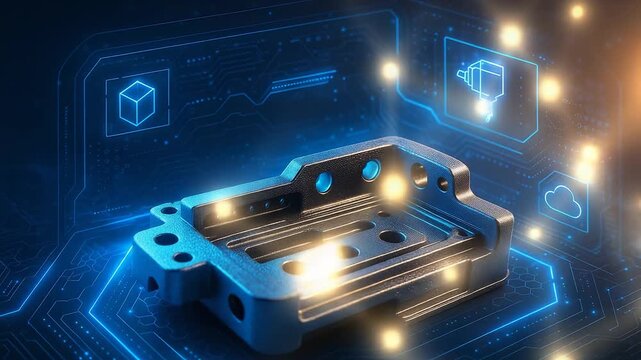 Metal component with digital elements and augmented reality technology, representing precision engineering and smart manufacturing.