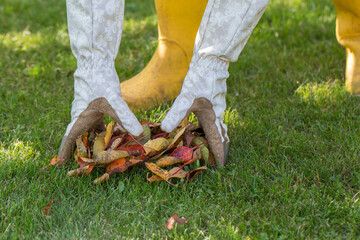 Close-up of a person's hands in light gardening gloves collecting a pile of fallen, multi-colored leaves from a green lawn. Yellow rubber boots are visible in the background.