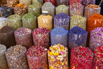 The colorful tea market sold in traditional bazar, Dubai, United Arabic Emirat