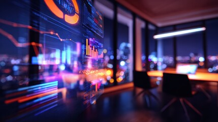 Nighttime view of a modern office with glowing data visualizations and a city skyline backdrop