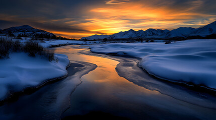 A tranquil winter scene with snow-covered mountains in the distance, a frozen river flowing through the valley, and the soft glow of the setting sun casting warm hues across the snowy landscape.