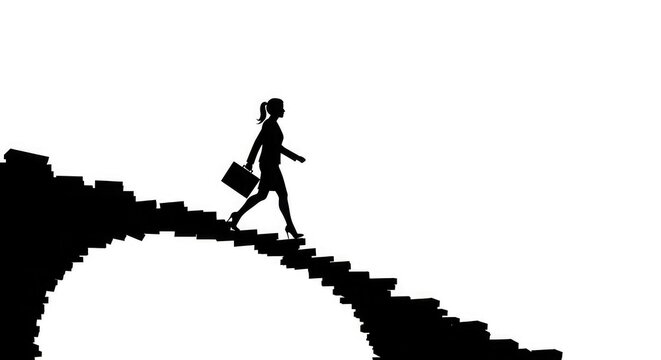 Silhouette of a businesswoman with a briefcase walking up a staircase made of books, symbolizing education, career progression, and knowledge.